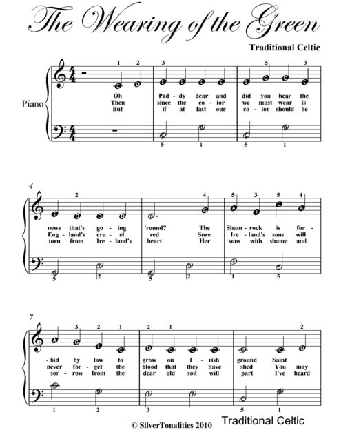 The Wearing of the Green Easy Piano Sheet Music, Traditional Celtic