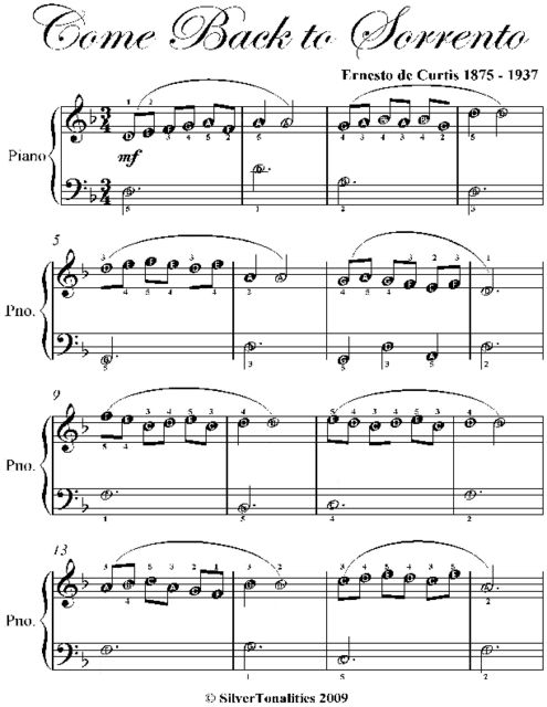 Come Back to Sorrento Easiest Piano Sheet Music, Ernesto de Curtis