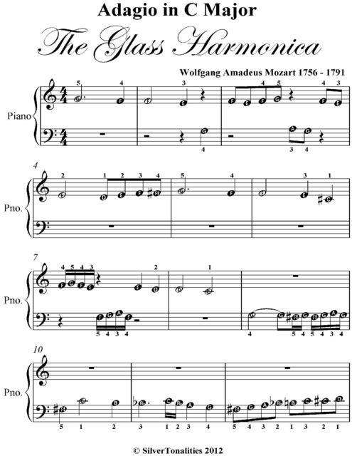 Adagio in C Major Glass Harmonica Beginner Piano Sheet Music, Wolfgang Amadeus Mozart