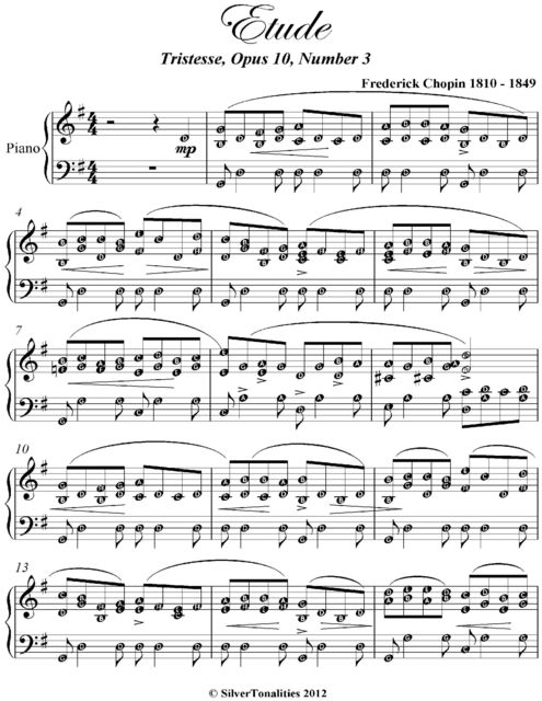 Etude Opus 10 Number 3 Tristesse Easy Intermediate Piano Sheet Music, Frederick Chopin