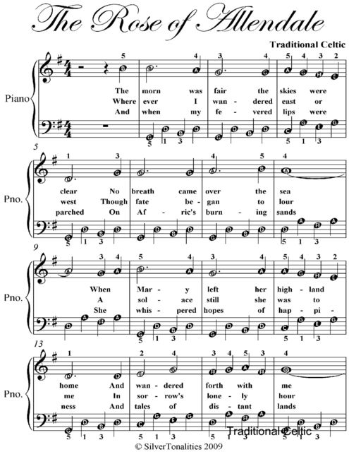 The Rose of Allendale Easy Piano Sheet Music, Traditional Celtic