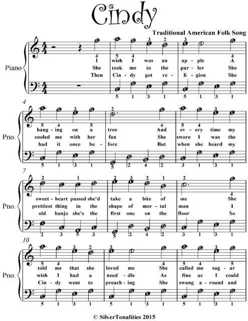 Cindy Easiest Piano Sheet Music, Traditional American Folk Song