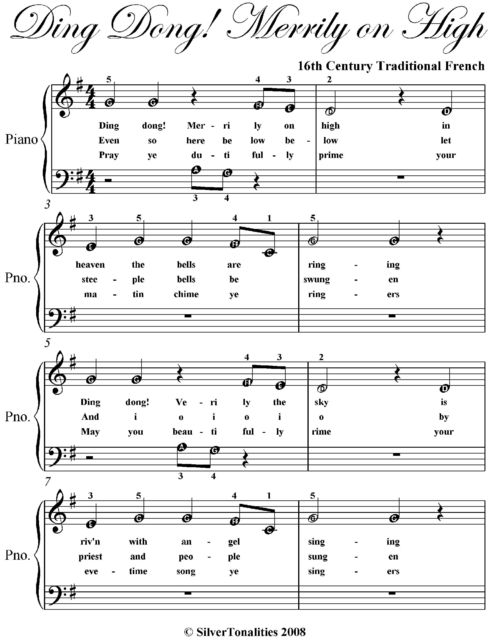 Ding Dong Merrily On High Beginner Piano Sheet Music, 16th Century Traditional French Carol